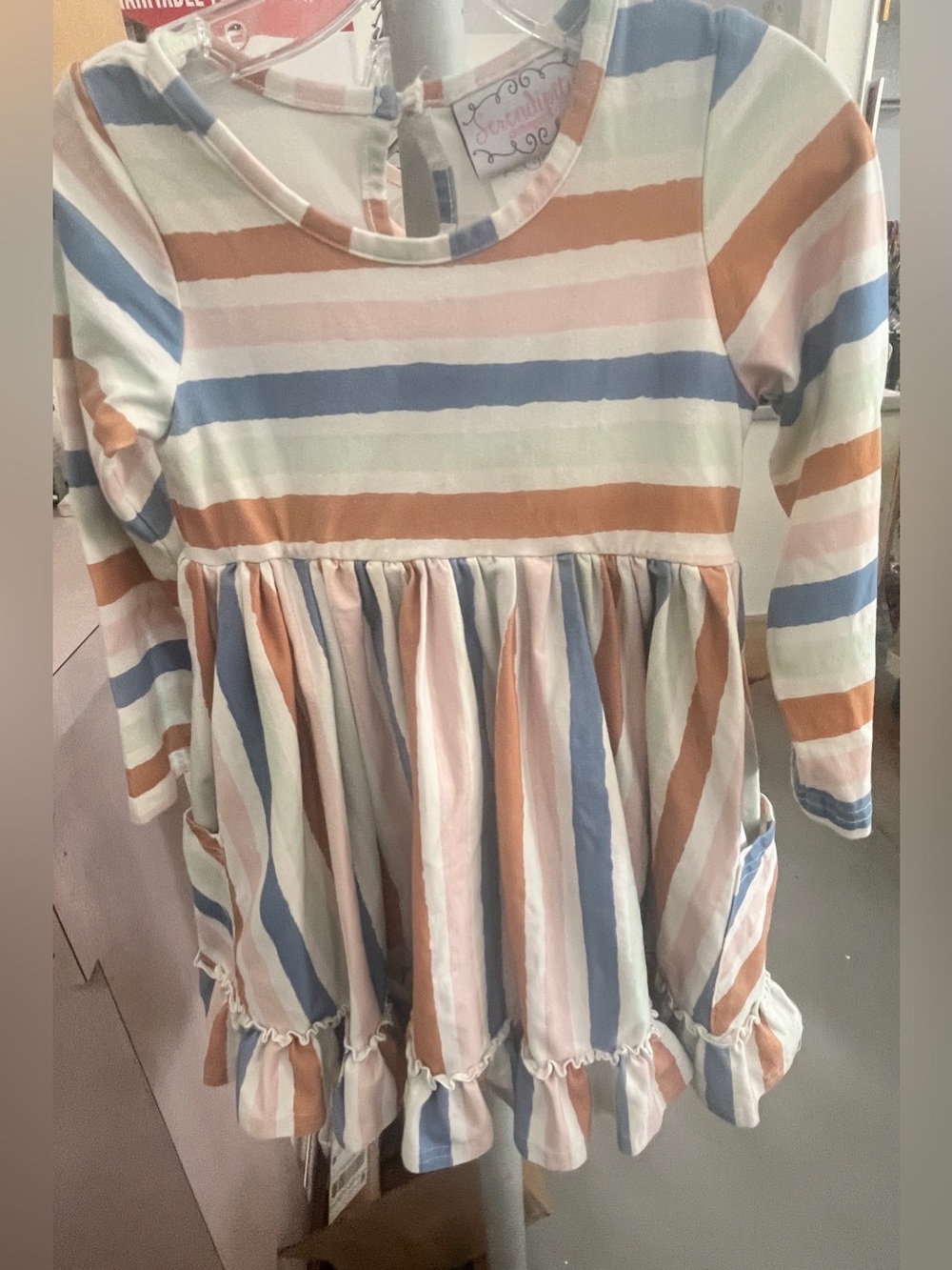 Striped Long-Sleeve Ruffle Hem Kids Dress - Multi Pastel